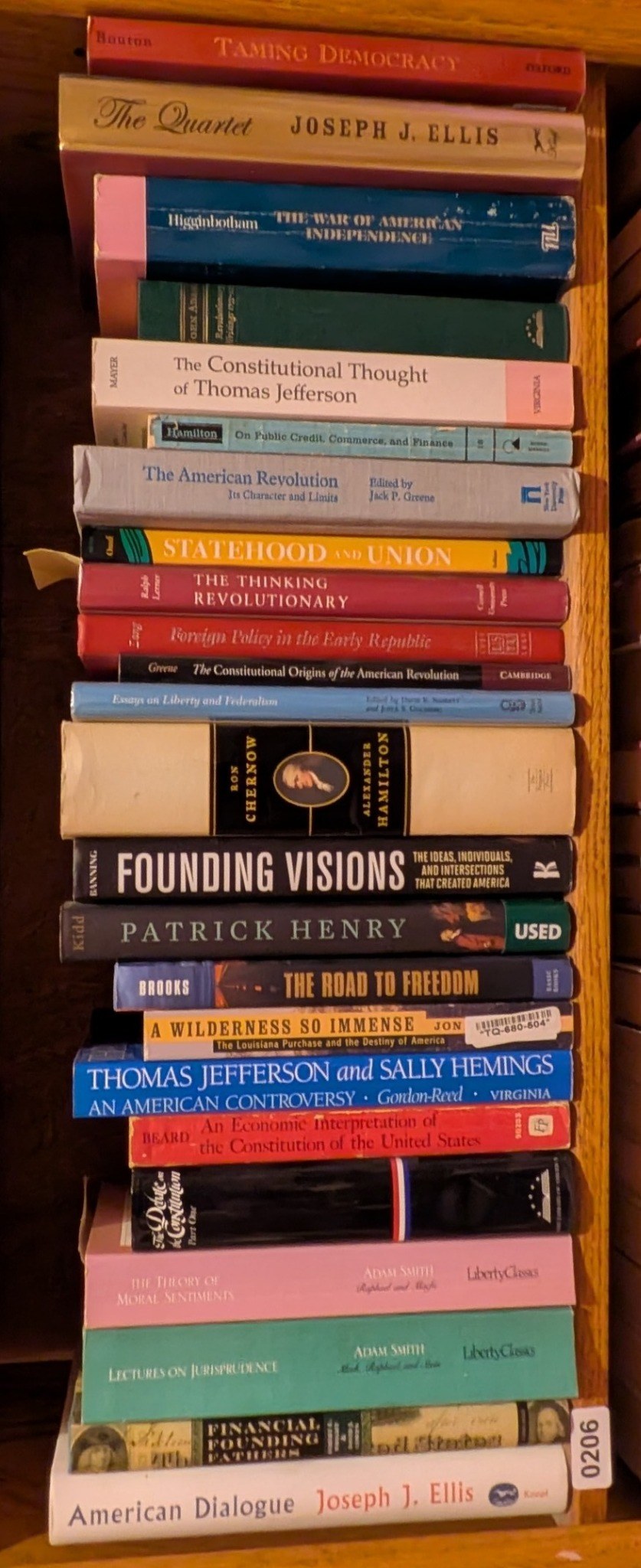 Photograph of Shelf 206 with readable book spines.