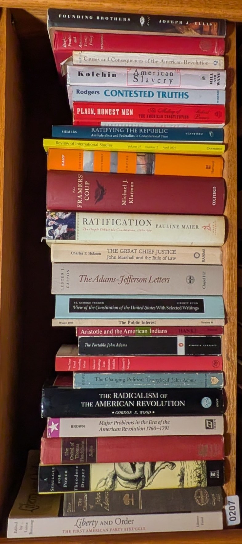 Photograph of Shelf 207 with readable book spines.