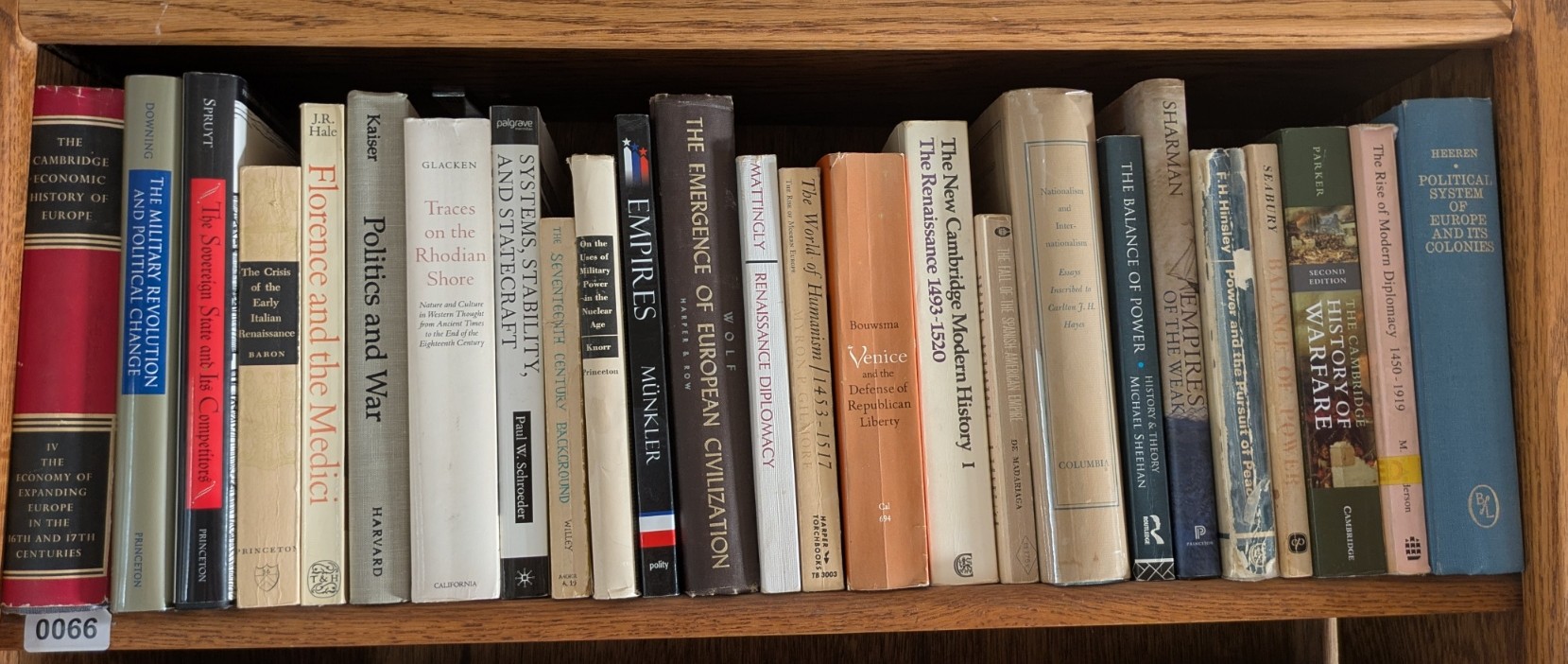 Photograph of Shelf 66; books are listed in top-to-bottom order alongside the photograph.