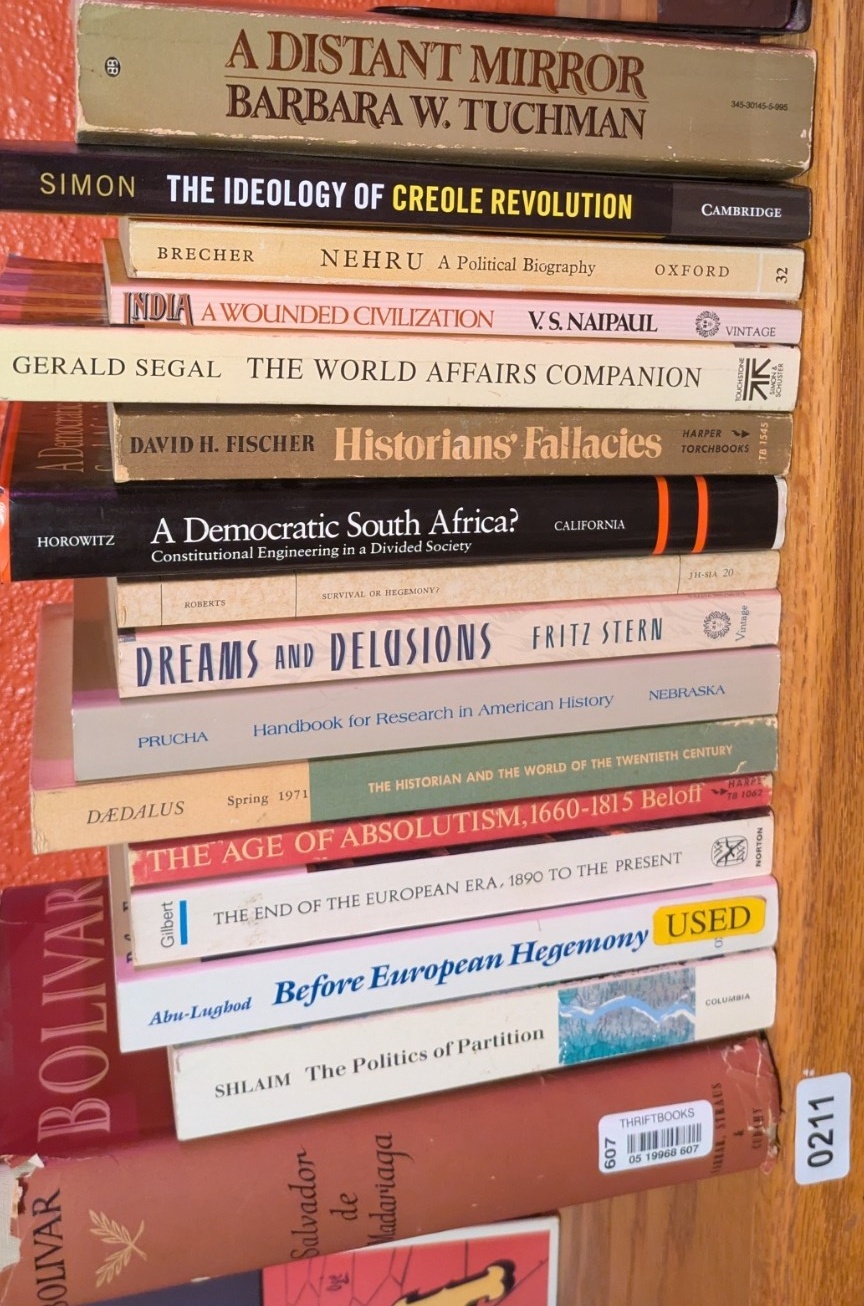 Photograph of Shelf 211; books are listed in top-to-bottom order alongside the photograph.