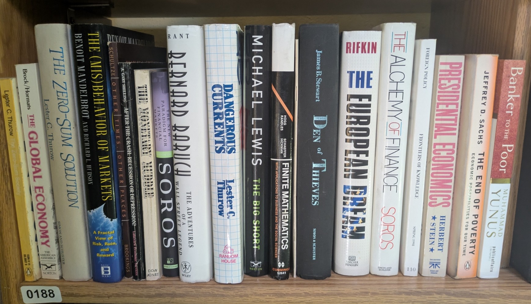 Photograph of Shelf 188; books are listed in top-to-bottom order alongside the photograph.