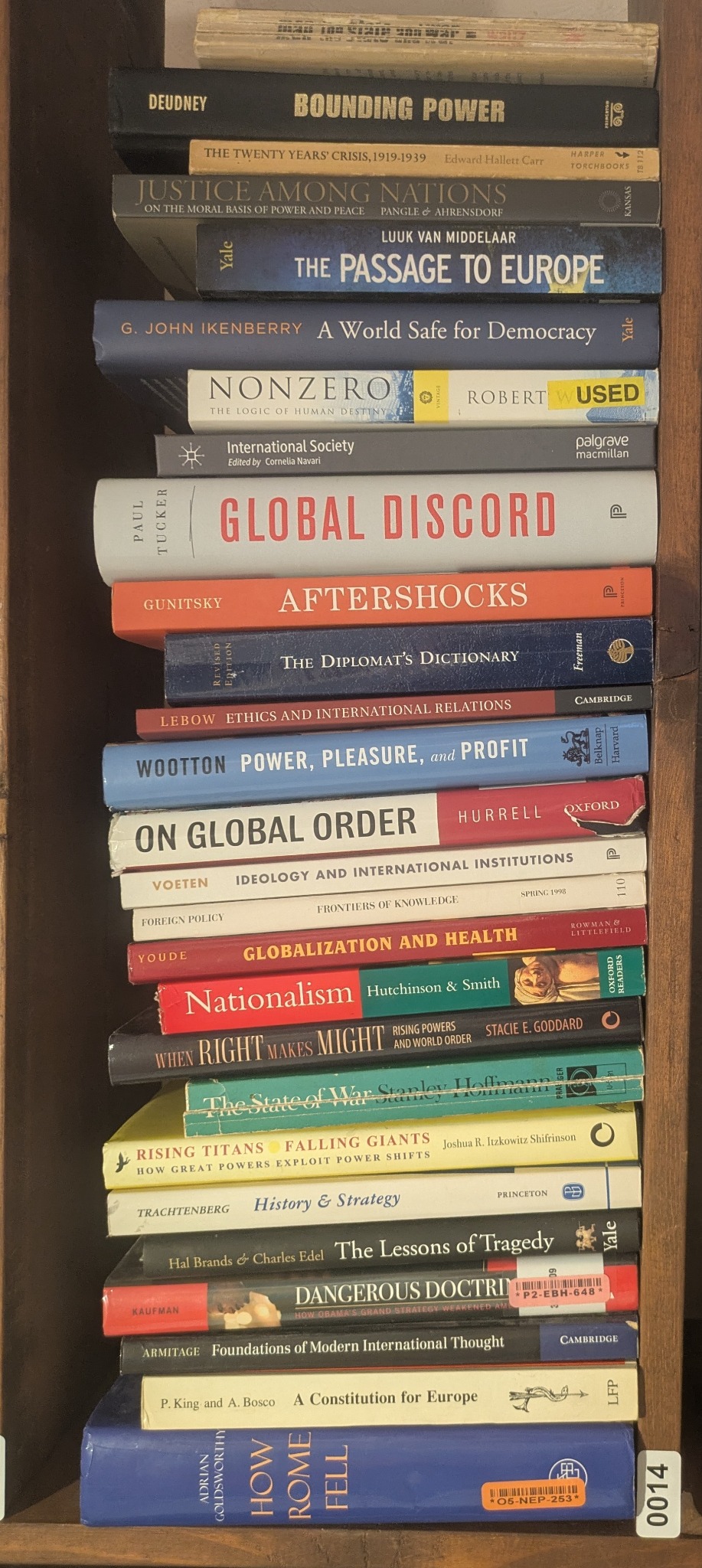 Photograph of Shelf 14; books are listed in top-to-bottom order alongside the photograph.