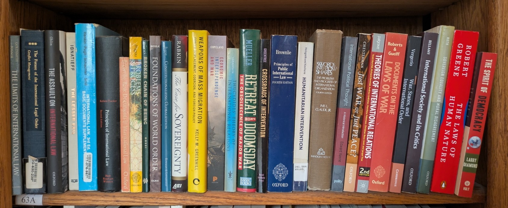 Photograph of Shelf 63A; books are listed in top-to-bottom order alongside the photograph.