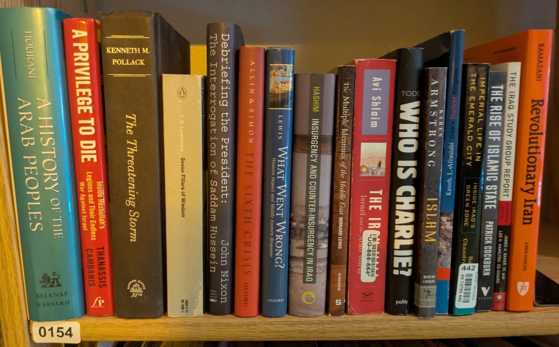 Photograph of Shelf 154; books are listed in top-to-bottom order alongside the photograph.